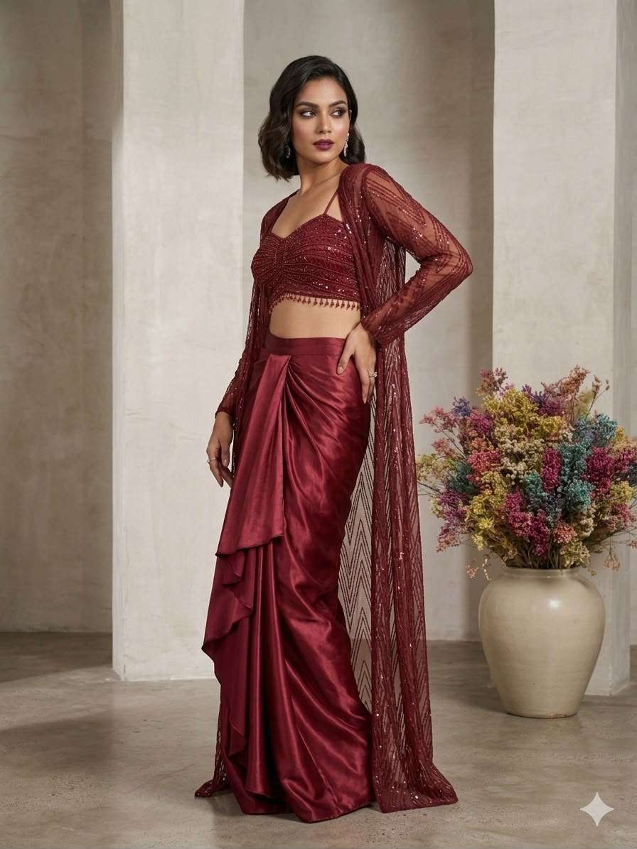 LM 21 Party Wear Indo Western Style Blouse Skirt And Shrug Set